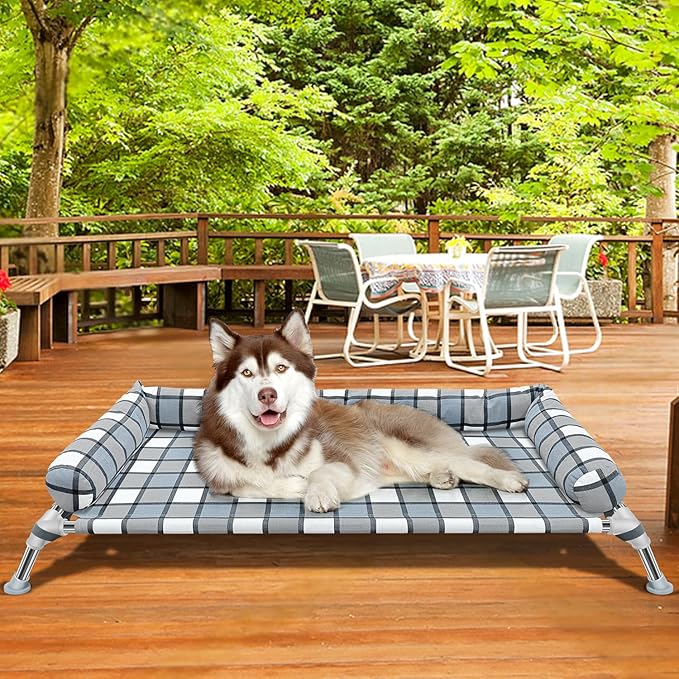 Elevated Raised Dog Bed Cot - Cooling Raised Dog Bed with Bolster Portable Washable Pet Hammock with Pillows & Metal Frame for Indoor & Outdoor, Large