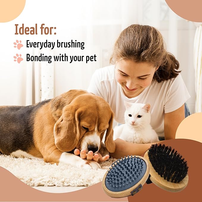 The Buddy System Pet Close Brush, Soft Touch Oval Palm Brush - Bamboo Massage Handheld with Soft Boar Bristles and Elastic Band for Dogs and Cats (2-pack, 1 Brush + 1 Rubber)