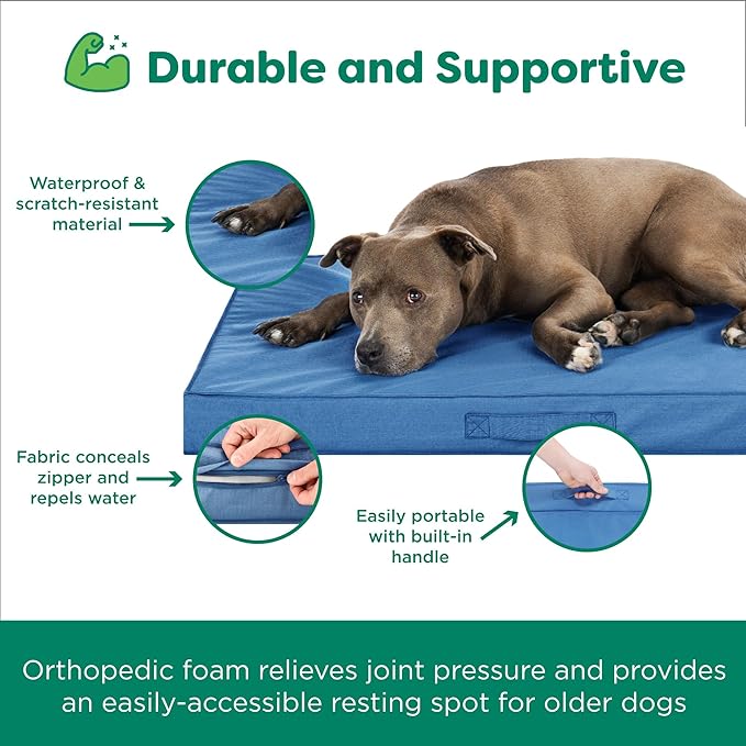 FurHaven Cooling Dog Bed – XXL Foam Mattress for Joint Pain Relief, Waterproof Liner, Removable Washable Cover, Durable for Outdoor Use, Deluxe Grid Indoor/Outdoor Bed – Blue, Jumbo Plus
