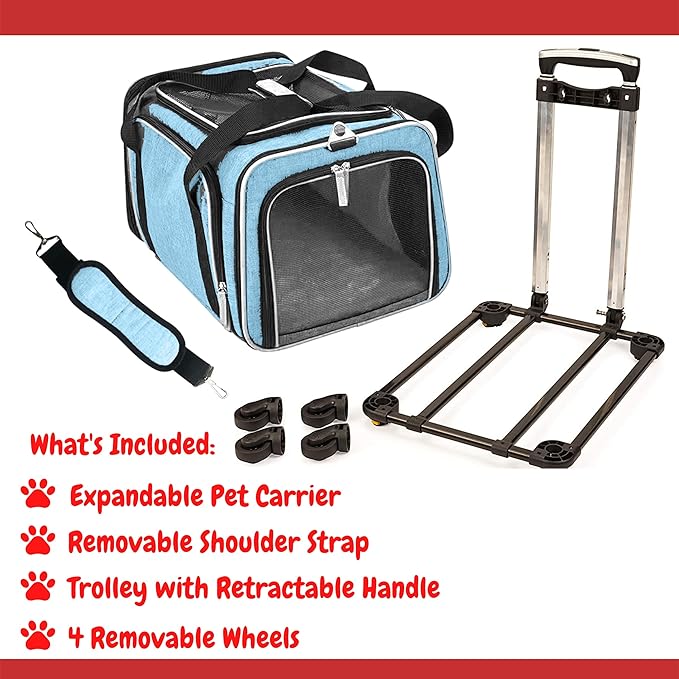 Airline Approved Expandable Premium Pet Carrier on Wheels- Two Sided Expandable Rolling Carrier- Designed for Dogs & Cats- Extra Spacious Soft Lined Carrier! - Light Blue