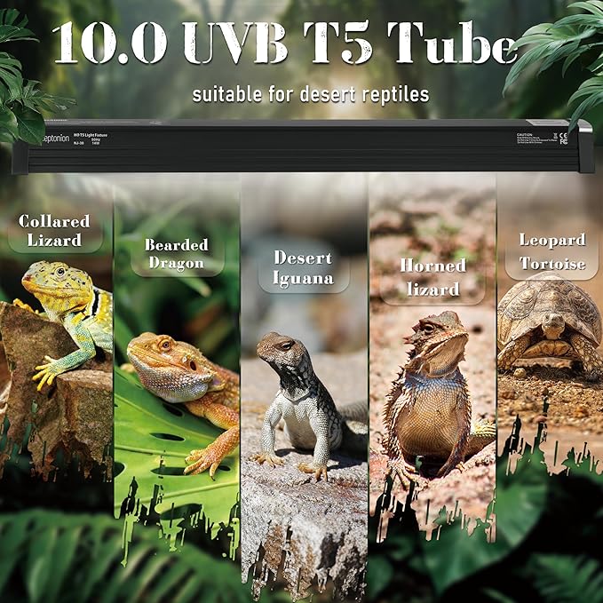 T5 Reptile UVB Light 34.5 Inches Fixture with UVB 10.0 Bulb High Output Hood for Terrariums, Basking Reptiles, Lizards, Chameleons, Iguanas, Bearded Dragons, 21W