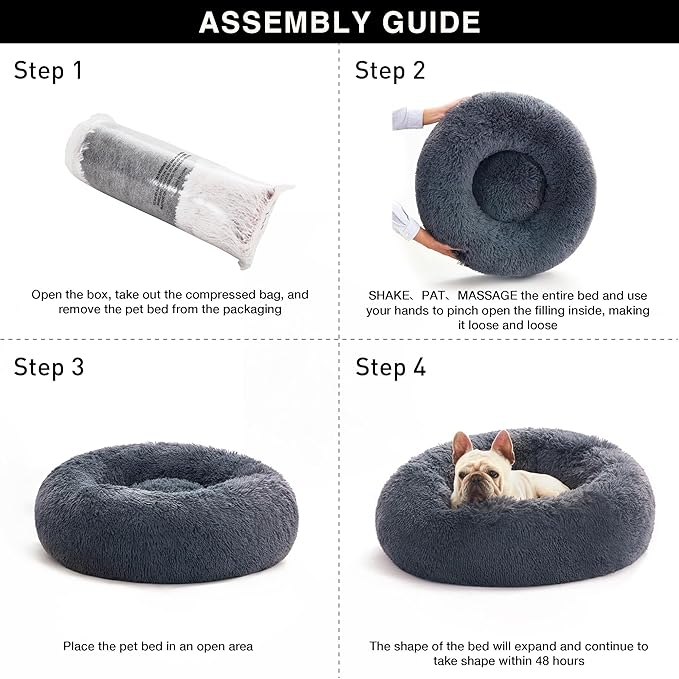 Love's cabin Calming Cat Bed for Indoor Cats,Anti-Anxiety Donut Round Dog Bed,Fluffy Faux Fur Washable Pet Bed for Small Medium Dogs and Cats,Bluish Grey,24in