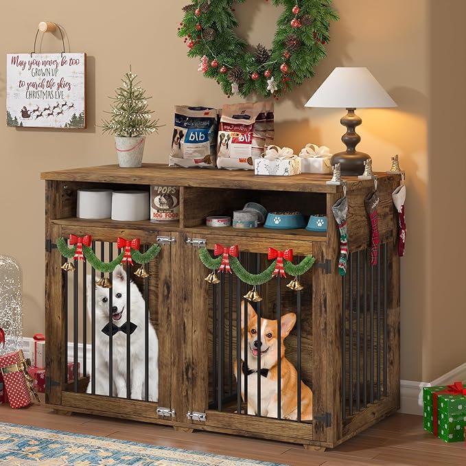 Furniture Dog Crate for 2 Dogs, 41 Inch Dog Kennel Furniture with Removable Divider and Shelf Storage, Wooden Dog Crate for Small/Medium Dogs, Rustic Brown
