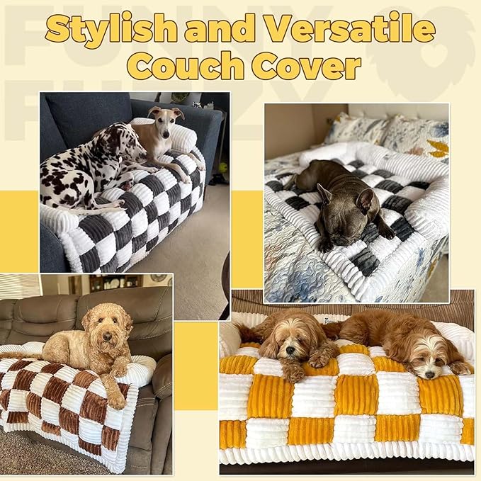 Dog Couch Cover Protector, Pet Couch Covers for Sofa, Dog Couch Cover Fuzzy Sofa Cover Cream Square Plaid Dog Bed Plush Dog Mat for Furniture Protector for Large Medium Dogs and Cats