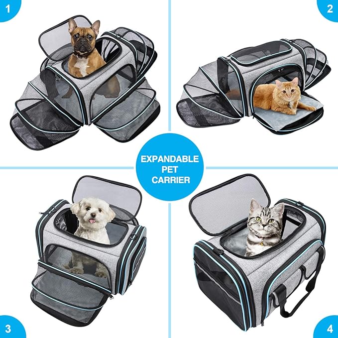 Airline Approved Pet Carrier, Large Soft Sided Pet Travel TSA Carrier 4 Sides Expandable Cat Collapsible Carriers with Removable Fleece Pad and Pockets for Cats Dogs and Small Animals