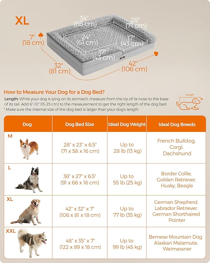 Feandrea Orthopaedic Dog Bed for Large Dogs, Waterproof Dog Sofa Bed with Removable Washable Cover, 42 x 32 x 7 Inches, Dove Gray UPGW253G01