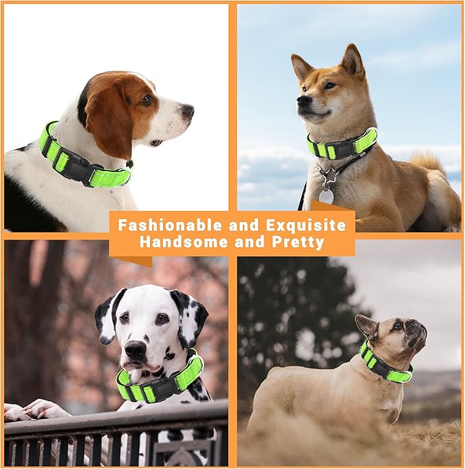 2 Pack Reflective Dog Collar with Safety Locking Buckle, Adjustable Soft Breathable Comfortable Nylon Pet Collar for Small, Medium and Large Dogs, Green, XL