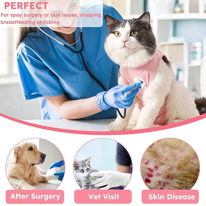Cat Recovery Suit for Spay Abdominal Wounds, Kitten Onesie Bodysuit for Cats After Surgery, Cat Surgery Recovery Suit Female Cone of Shame Alternative for Cats Anti Licking (Pink,M)