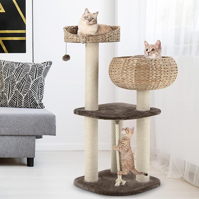 Tangkula Modern Cat Tree for Indoor Cats, Small/Tall Cat Tower with Natural Sisal Scratching Post, Hand-Made Wicker Cat Condo & Top Perch, Funny Hanging Toy Ball, Cute Cat Tree Tower for Large Cats