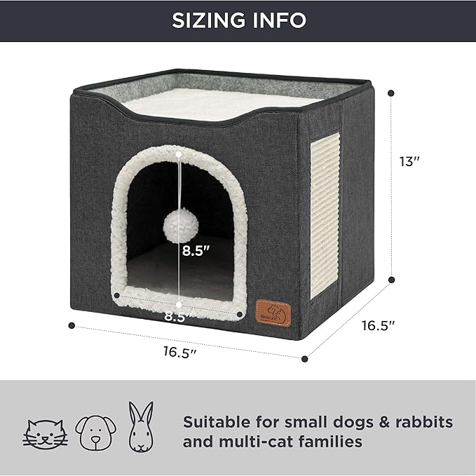 Bedsure Cat Beds for Indoor Cats - Large Cat Cave for Pet Cat House with Fluffy Ball Hanging and Scratch Pad, Foldable Cat Hideaway, 16.5x16.5x13 inches, Dark Grey