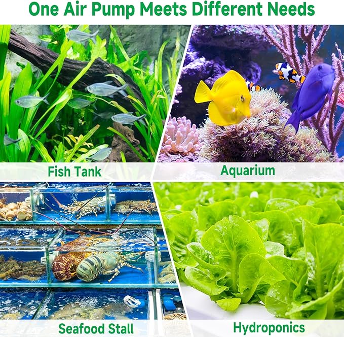 hygger Quiet Aquarium Air Pump, Adjustable Oxygen Aerator with Dual Output, 5W/8W Low Noise Air Pump with Air Stone Bubbler for Aquarium Fish Tank, Hydroponic System