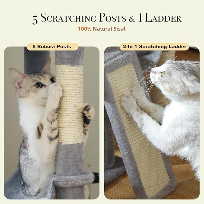 PAWZ Road Tall Cat Tree, Floor to Ceiling Cat Tower with Adjustable Height(85-112 Inches), 7 Tiers Climbing Tower with Cozy Hammocks, 5 Platforms and Scratching Posts for Indoor Cats-Gray