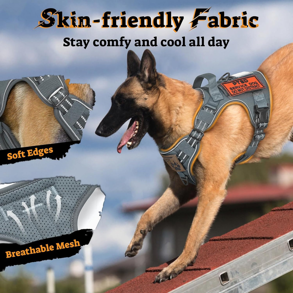 rabbitgoo Dog Harness Medium Sized No Pull, Tactical Service Pet Vest with Molle and Control Handle, Adjustable and Reflective Military Harness for Easy Walking and Training, Grey, M