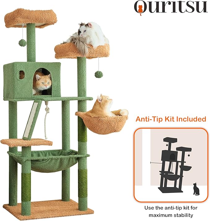 Ouritsu Cat Tree, 56 inch Tall Cat Tower for Large Cat Indoor, Large Condo, 2 Padded Perches, Steel-Framed Hammock, Scratching Post and ramp, Fluffy Basket, Green, LF001GB
