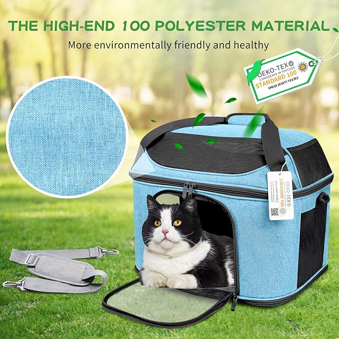 Large Cat Carrier for 2 Cats Soft Side Pet Carrier for Kitten Small Dog Collapsible Travel Small Dog Carrier, TSA Airline Approved Carrier for Large Cats 20 lbs, Blue