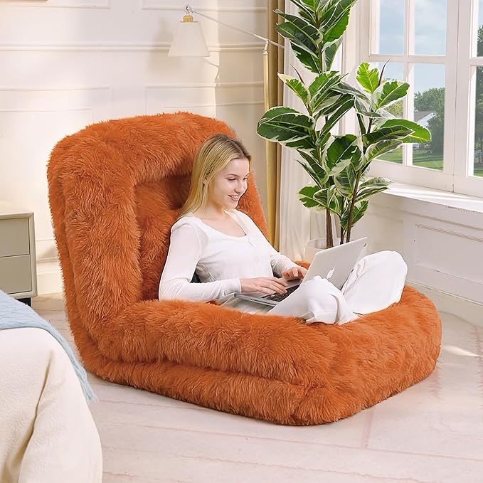 Orange Foldable Human Dog Bed - 69"x35"x12" Fits You & Pets with Comfy Pillow, Washable Faux Fur, Oversized Lounger Lazy Sofa Beds with 5 Adjustable Position