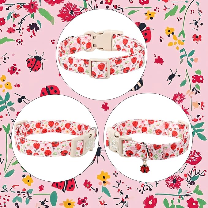 Lucky Ladybug Dog Collar for Medium Dogs - Sweet Pink Girl Dog Collars, Lightweight Adjustable Spring Garden Mom Dogs Collars with Quick Release Buckle M