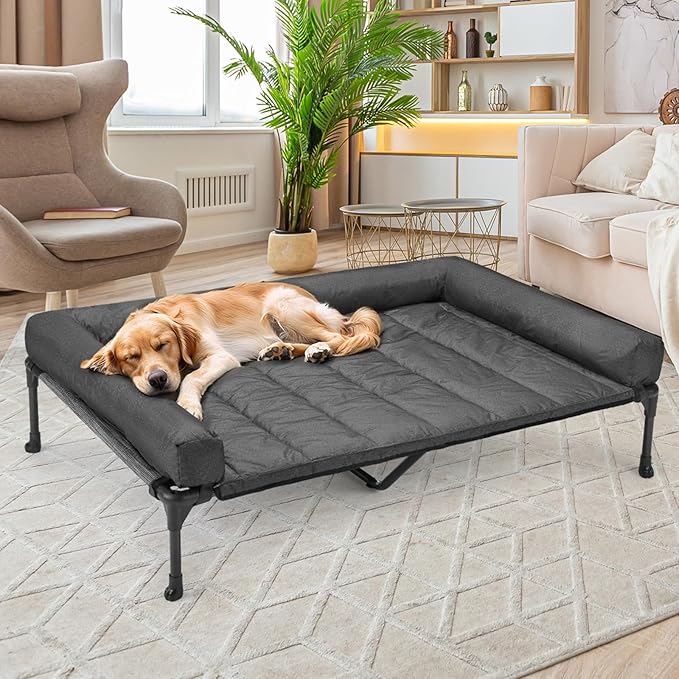 Veehoo Cooling Elevated Dog Bed Add Removable Waterproof Bolster Cushion Mat, Raised Pet Cot with Breathable Teslin Mesh, No-Slip Feet, Dog Sofa Bed for Indoor Outdoor, XXLarge, Black Silver