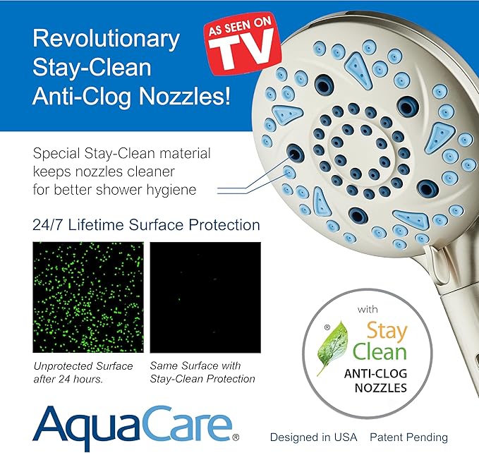 AquaCare High Pressure 10 Spray Mode Filtered Showerhead - Handheld Shower Head Filters Chlorine to Heal Dry Skin, Revive Hair - Dual Power Wash Cleans Tub, Tile, Pets - Hard Water Softener, Nickel