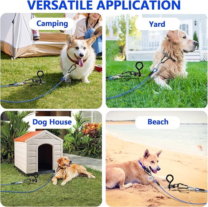 Heavy Duty Dog Tie Out Cable and Stake,30FT Rust Proof Dog Leads Cable for Yard with Swivel Hook,360°Swivel Spiral Dog Stake&Chain Up to 200 lbs,Removable Ground Anchor for Outdoor Beach Camping