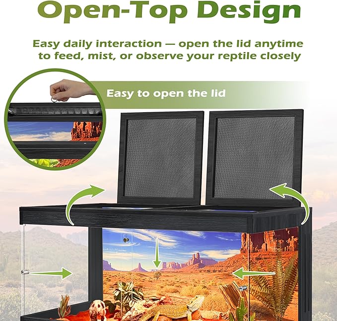 Royxen Bearded Dragon Tank, Tempered Glass Reptile Terrarium with Metal Mesh Top, 3-Side Clear Anti-Scratch Glass Lizard Tank for Reptile Habitat (Black, 34 Gallons,32" Length)