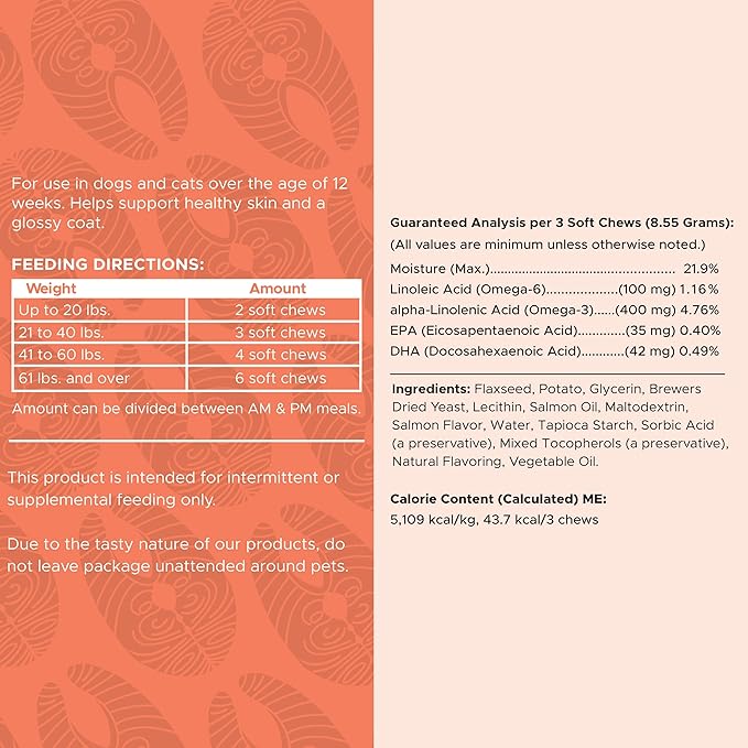 Salmon Oil for Dogs - Soft Chew Omega Treats for Skin and Coat - Fish Oil Blend of Essential Fatty Acids, Omega 3 and 6, Vitamins, Antioxidants and Minerals - Made in USA (180 Chews, Salmon)