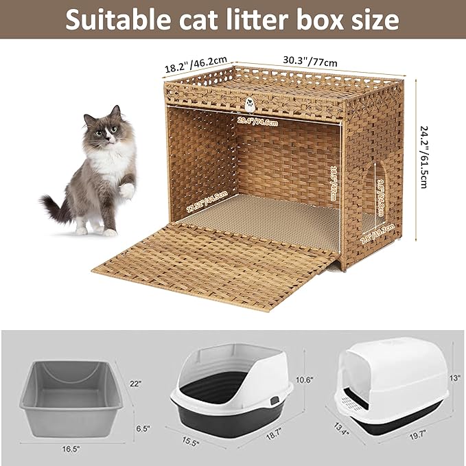 Cat Litter Box Enclosure with Soft Litter Mat; Hidden Cat Washroom Furniture with Door; Handwoven Rattan Kitten House with Large Space; Pet Crate for Living Room, Bedroom, Balcony (Natural)