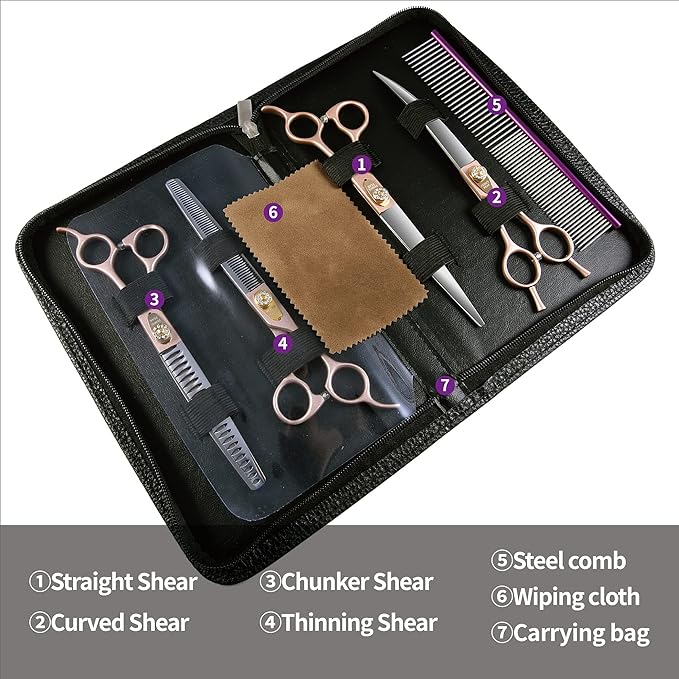 Fenice Peak 7‘’ Professional Dog Grooming Scissors Set Rose Gold 440C Stainless Steel Straight Thinning Curved Chunker Shears 4pcs Set for Pet Grooming Services Dogs and Cats