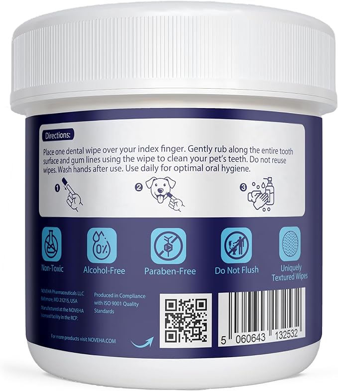 NOVEHA Pets Dental Finger Wipes for Dogs & Cats | Freshens Breath, Reduces Plaque | Healthier Gums | Clean Teeth No Toothbrush | Vet Recommended Effective Natural Oral Care (100 pcs, Flavor-Free)