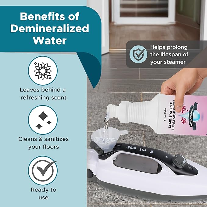 Steam & Go Deminerilized Water - Multi-Surface Cleaner for Steam Cleaners, Hardwood Floors, Kitchens, & Bathrooms - Germ-Killing Formula - Hotel California Scent - 32 Ounces (Pack of 12)