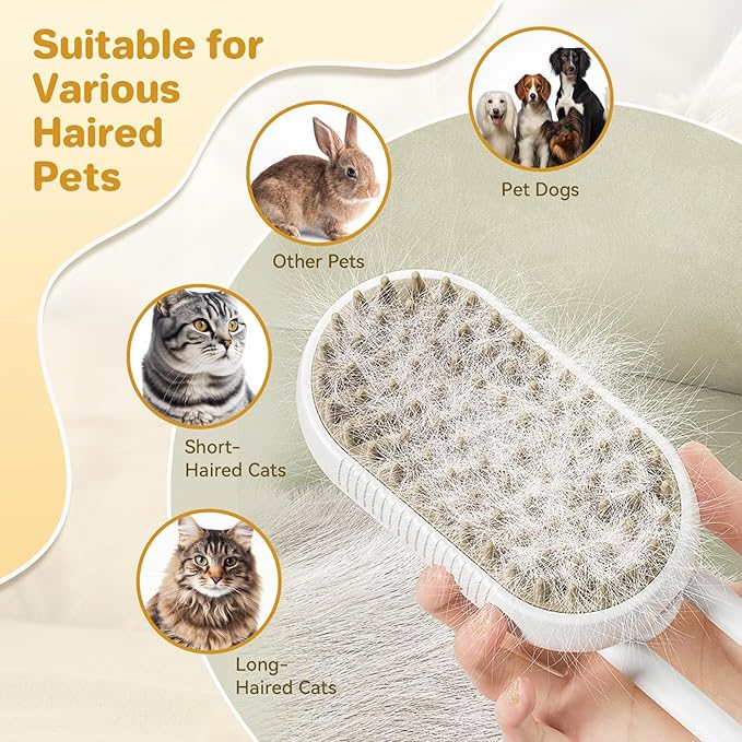 LunaSync Cat Steam Brush for Shedding, 4 in 1 Rechargeable Pet Grooming Brush for Cats and Dogs, Anti-Static Deshedding Tool with Massage & Cleaning, Comb for Long Short Hair - White