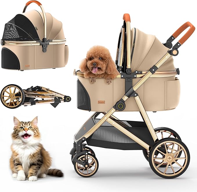 Kenyone Luxury Pet Stroller 3 in 1 with Electroplated Gold Mirror Finish for Medium Small Size Dogs and Cats, High-End Detachable Carrier for Puppy, Kitty, Doggie(C910L Khaki)