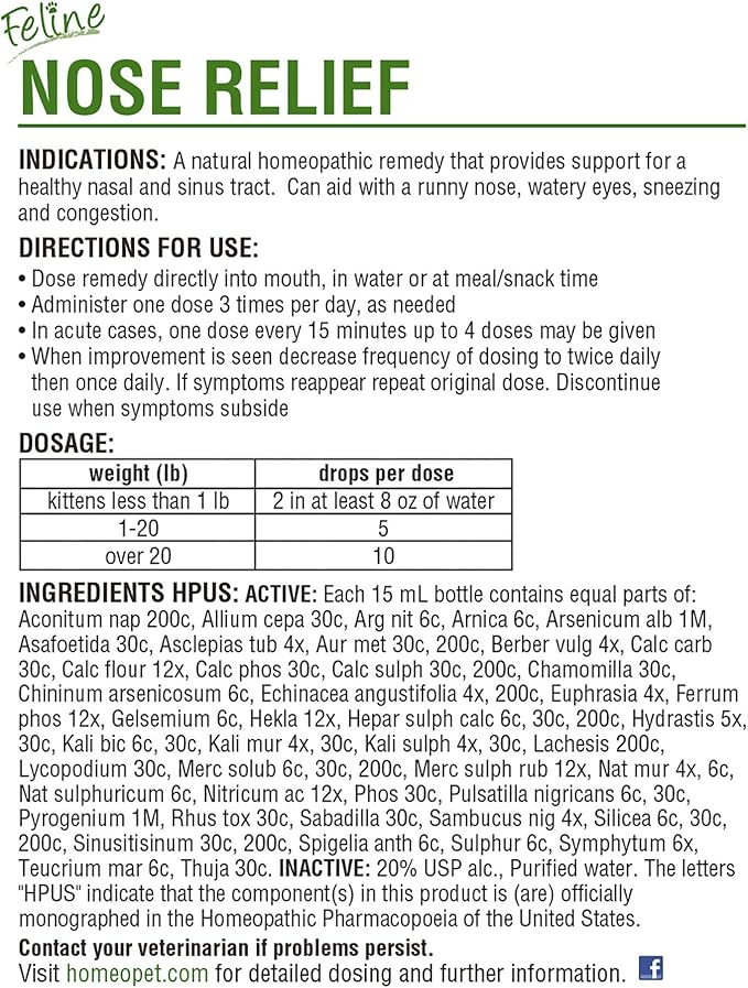 HomeoPet Feline Nose Relief, Safe and Natural Nasal and Sinus Supplement for Cats, 15 Milliliters