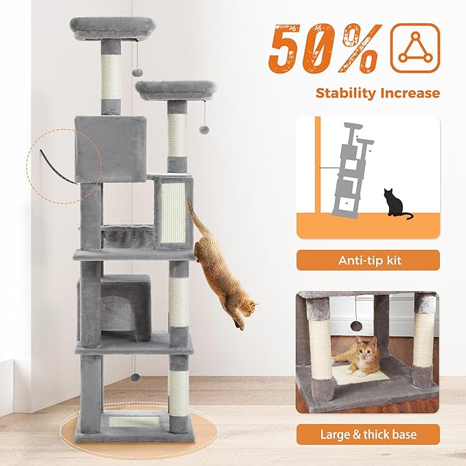 PAWZ Road 70 Inch Cat Tower, Tall Cat Tree with 2 Cozy Condos, 2 Plush Perch, Large Basket, 2 Scraching Pad & 6 Scraching Posts for Indoor Cats Large Adult, Gray