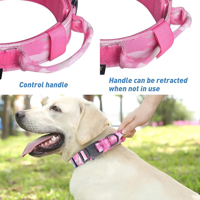 Hotsky Tactical Dog Collar, Adjustable Military Training Nylon Airtag Collar with Handle and Heavy Duty Metal Buckle for Medium Large Dogs, with Airtag Holder and Two Patches(Pink Camo,XL)