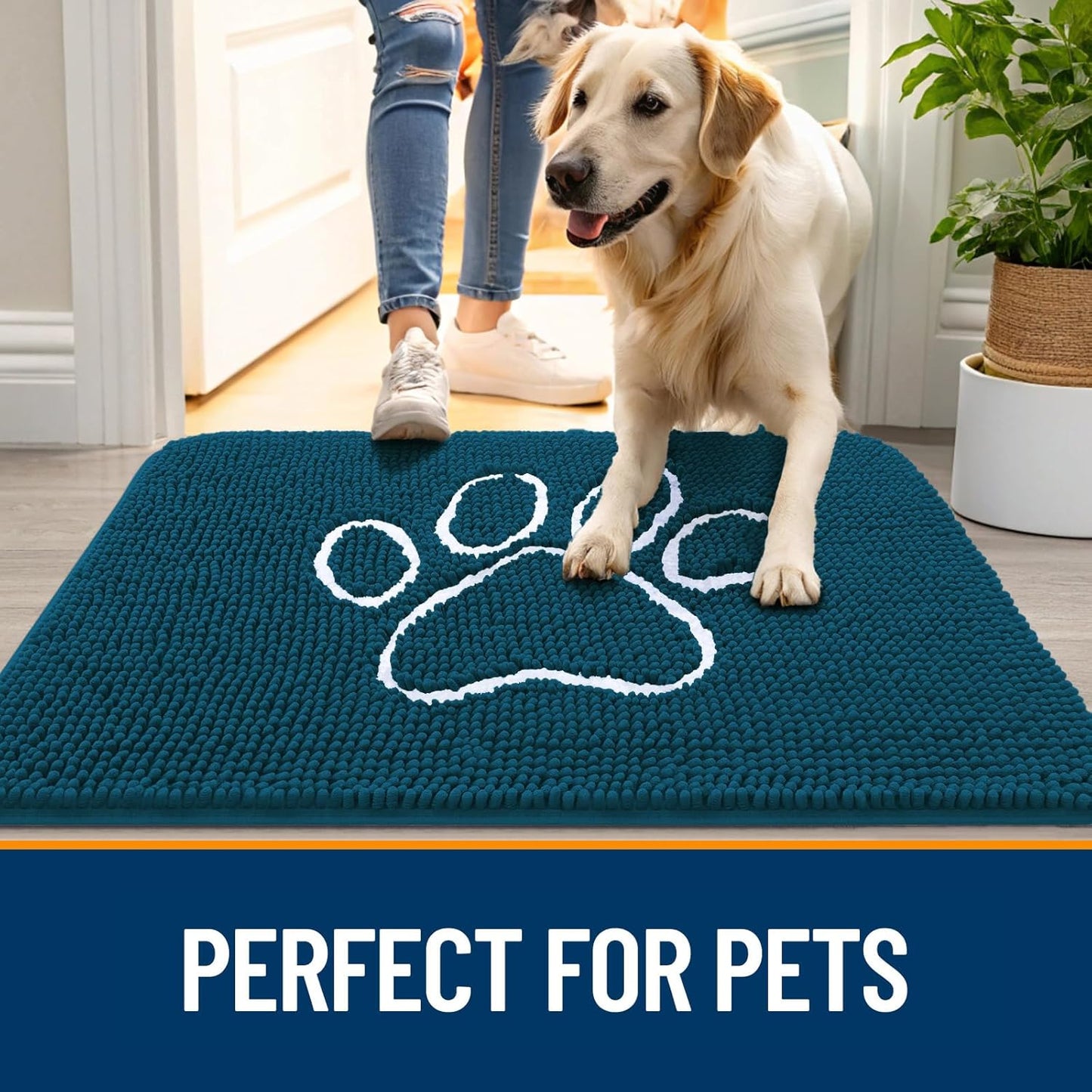 OLANLY Door Mat for Muddy Dog Paws 47x24, Absorbent Chenille Mud Doormat with Paw Print Design, Non-Slip Washable Doormat for Indoor Entryway, Quick-Dry Pet Bed Mats for Dirty Dogs, Atlantic Blue