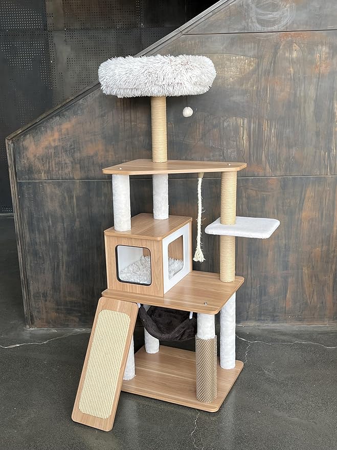 61" Wooden Cat Tree Tower for Indoor Cats, Luxury Modern Wooden Tower with XL Plush Lounge, Hammock & Scratching Posts for Maine Coon 20 lbs