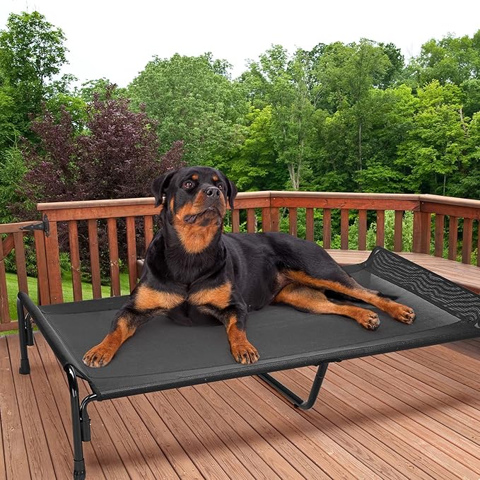 Veehoo XXL Outdoor Elevated Dog Bed, Raised Dog Cot for Extra Large Dogs, Cooling Washable Waterproof Pet Hammock Beds with Slope Headrest, Breathable Mesh and Sturdy Frame, XX-Large, Black, CWC2204