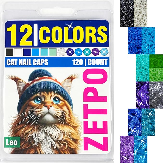 zetpo Cat Nail Caps | Cat Claw Covers | with Adhesives and Applicators (XS, 12x Colors/Leo | 120 pcs)