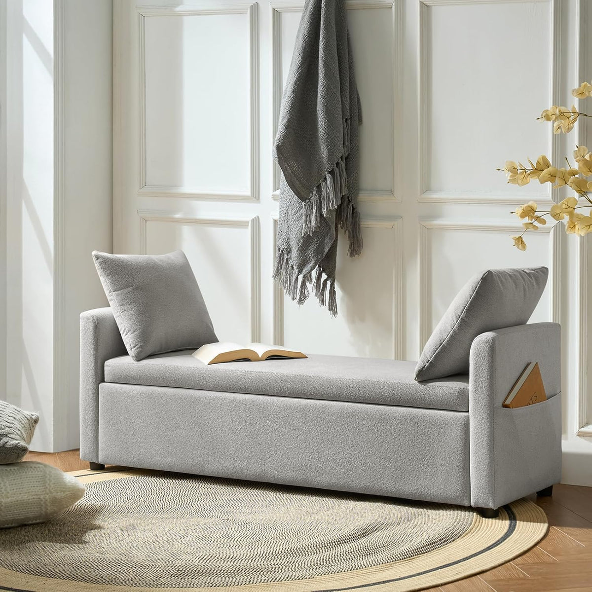HULALA HOME Modern Storage Ottoman Bench with Throw Pillows, 59" Extra Long End of Bed Bench with Storage Pocket, Comfy Upholstered Footstool for Bedroom Entryway Living Room, Grey