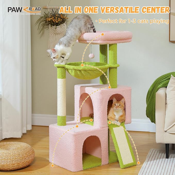 PAWZ Road Large Cat Tree, 41 Inches Multi-Level Cat Tower with 2 Spacious Condos for Large Indoor Cats, Pink Flower Cat House with Comfy Hammock, Padded Perch, Scratching Pad and Replaceable Balls