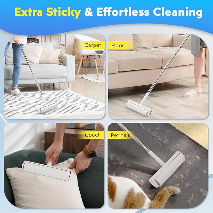 9.49'' Extra Sticky Large Lint Roller Refills, 4-Pack Giant Roller Refills for Carpets, Couch, Floor, Clothing, and Pet Hair Cleaning, 60 Sheets per Roll (240 Sheets Total)