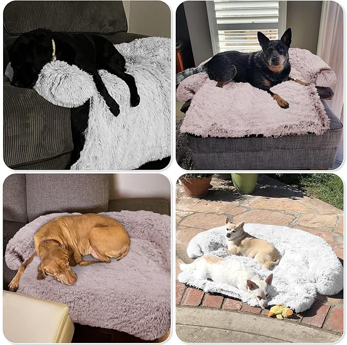 GGIB Calming Dog Bed Fluffy Plush Dog Mat for Furniture Protector with Removable Washable Cover for Large Medium Small Dogs and Cats (Extra Large (53x39.3x6), Rust White)