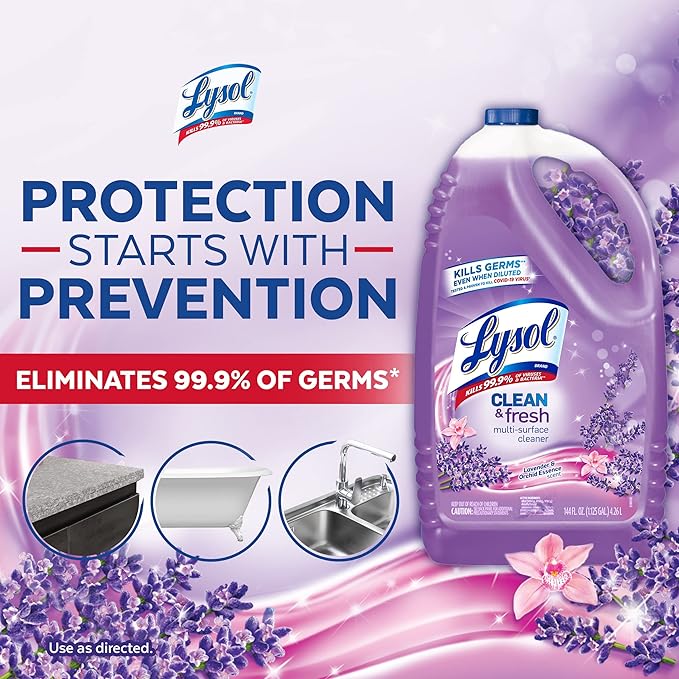 Lysol Multi-Surface Cleaner, Sanitizing and Disinfecting Pour, to Clean and Deodorize, Lavender and Orchard Essence, 144oz (Pack of 4)