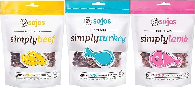 Sojos 100% Raw Freeze-Dried Meat Treats for Dogs - 3 Flavor Variety Bundle: Beef, Lamb, and Turkey