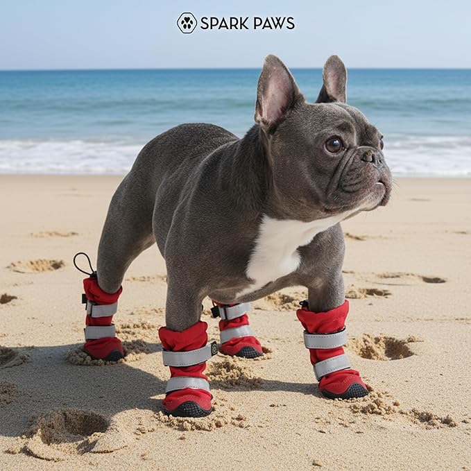 Spark Paws Dog Shoes, Waterproof Dog Boots for Medium to Large Dogs, Non Slip, Breathable Dog Booties and Paw Protectors - 4PCS Doggie Hiking Boots with Reflective Straps - Red, Size 5