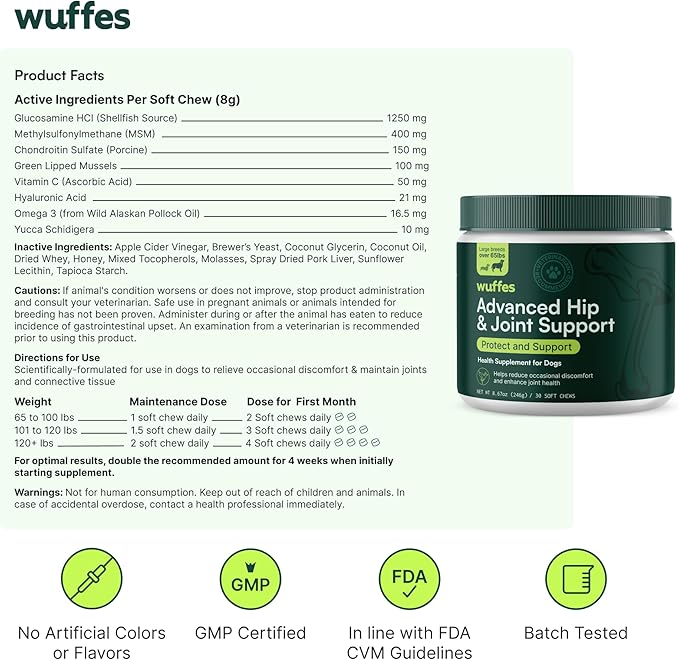 Wuffes Chewable Dog Hip & Joint Supplement - Glucosamine & Chondroitin Chews - Dog Joint Supplements & Vitamins - Extended Joint Care (Large Breed (Over 65 lbs), 60 Chews (Pack of 2))
