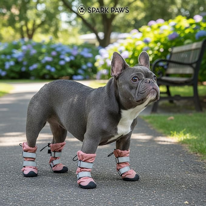 Spark Paws Dog Shoes, Waterproof Dog Boots for Medium to Large Dogs, Non Slip, Breathable Dog Booties and Paw Protectors - 4PCS Doggie Hiking Boots with Reflective Straps - Pink, Size 1