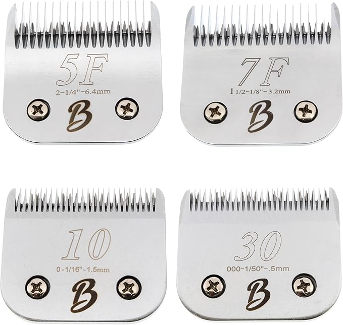 Detachable A Series 4 Pack ((10 or 1.5mm) ;(30 or 0.5mm); (5F or 6.4mm); (7F or 3.2mm)) Clipper Blade Dog Grooming Japanese Carbonized Steel Dog Grooming Blades for Dogs Horses Cats (4Pack)