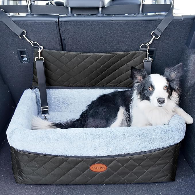 Dog Car Seat for Large/Medium Pet, Anti Slip Bottom Dogs Booster Seat for All Seasons,Pet Travel Bed with Thick Dog Sofa Cushion,2 Safety Leashes(Black)
